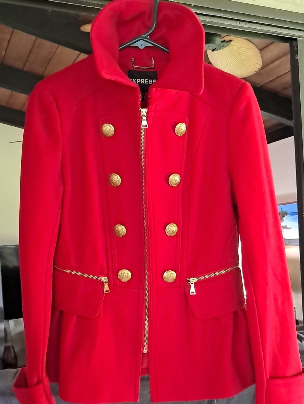 Express Red Double-Breasted Military Pea Coat with Gold Buttons